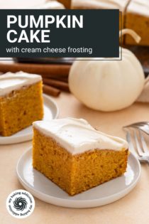 Plated slices of pumpkin sheet cake topped with cream cheese frosting. Text overlay includes recipe name.