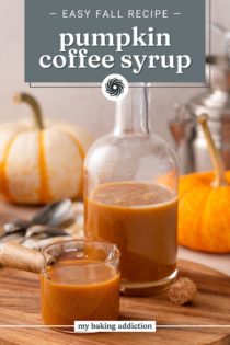 A bottle and a glass jar of pumpkin coffee syrup on a wooden board. text overlay includes recipe name.