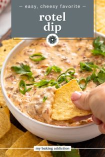 Hand dipping a tortilla chip into a bowl of rotel dip. Text overlay includes recipe name.