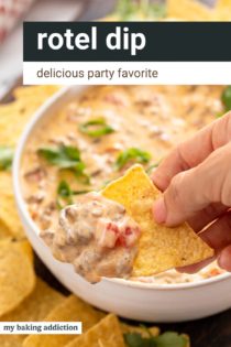 Hand holding up a tortilla chip with rotel dip on it. Text overlay includes recipe name.