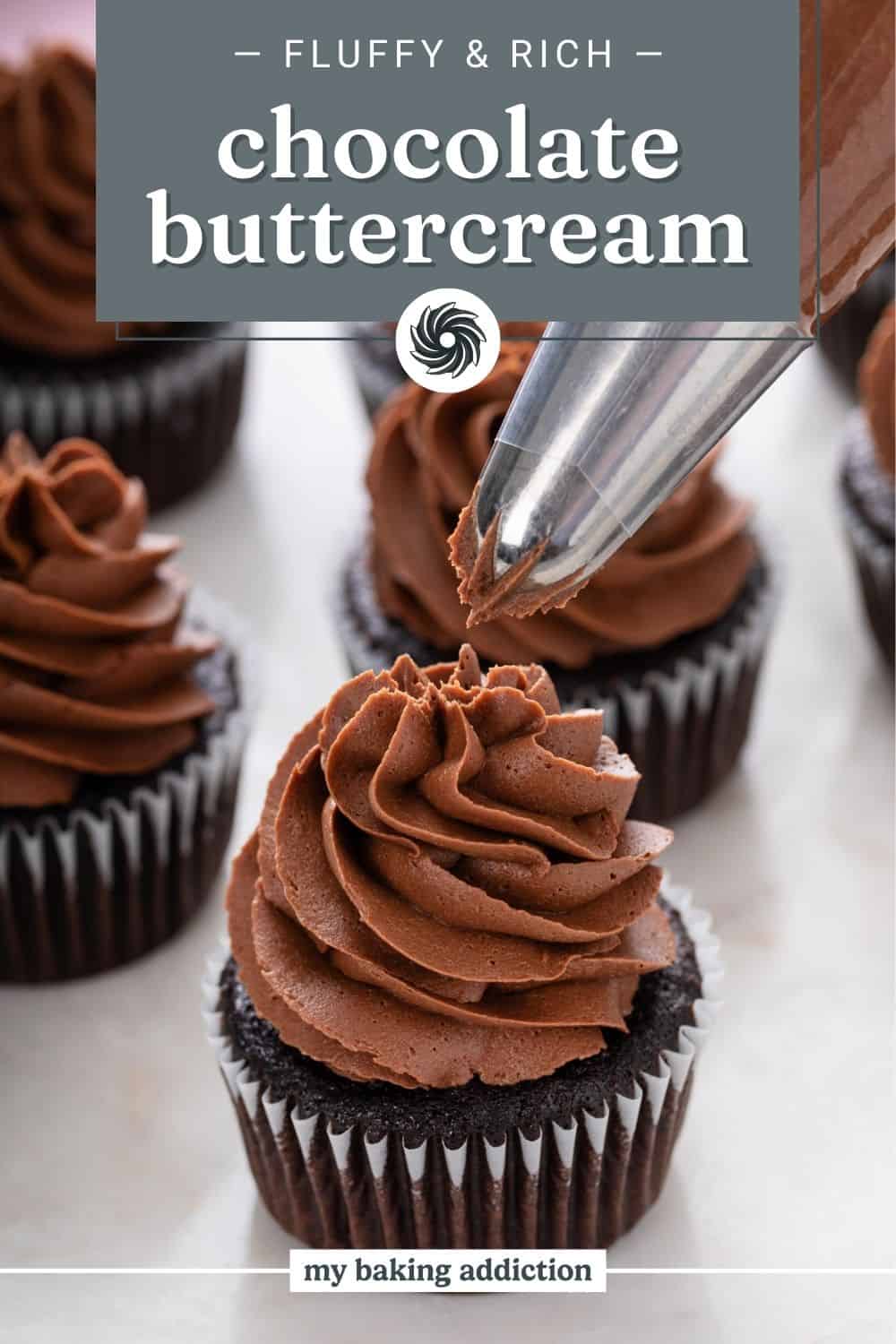 Piping bag piping chocolate buttercream on top of a chocolate cupcake. Text overlay includes recipe name.