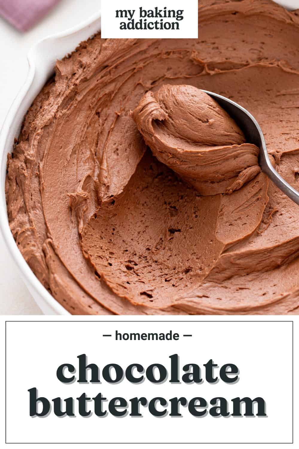 Spoon being run through a bowl of chocolate buttercream frosting. Text overlay includes recipe name.