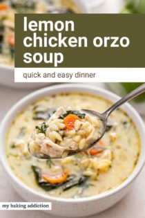 Spoon holding up a bite of lemon chicken orzo soup. Text overlay includes recipe name.