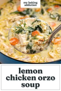 Ladle holding up a serving of lemon chicken orzo soup. Text overlay includes recipe name.