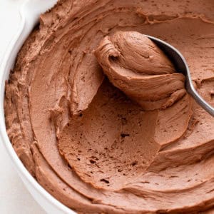 Spoon in a bowl of chocolate buttercream.