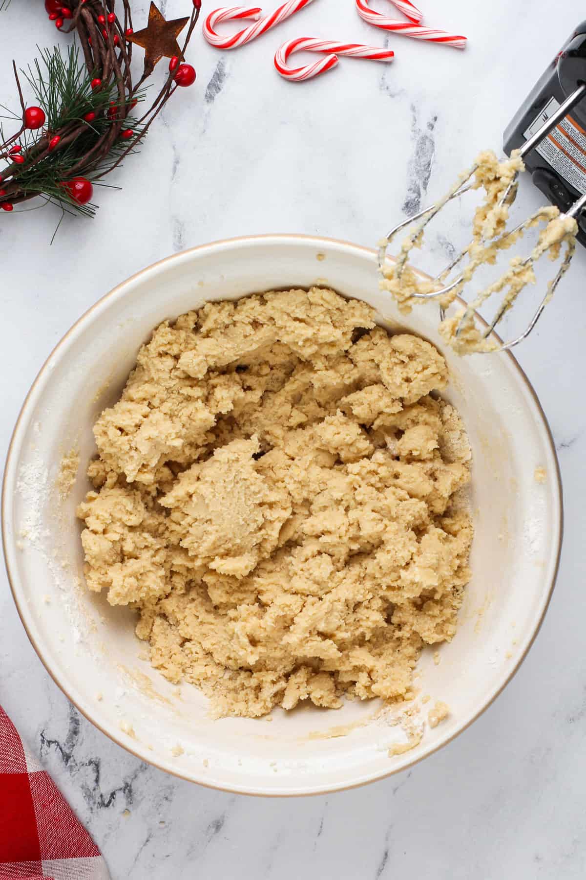 Cookie dough base in a ceramic bowl.