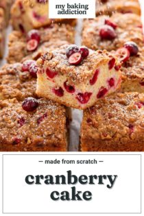 One slice of cranberry cake balanced on top of several other slices of cake. Text overlay includes recipe name.