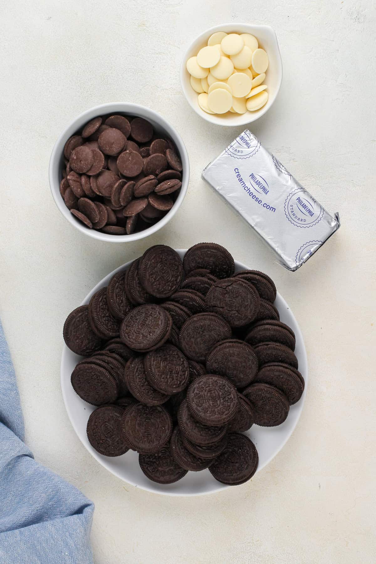 Oreo truffle ingredients arranged on a countertop.