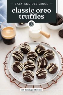 White plate filled with oreo truffles set next to a cup of coffee. Text overlay includes recipe name.