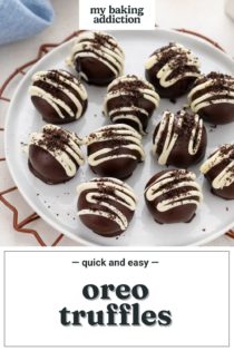 Oreo truffles arranged on a white plate. Text overlay includes recipe name.