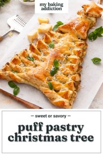 Savory puff pastry christmas tree filled with basil pesto. Text overlay includes recipe name.