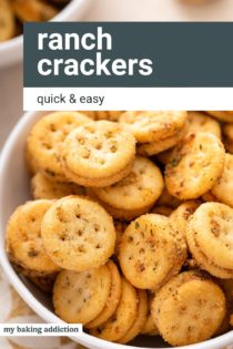 White bowl filled with ranch crackers. Text overlay includes recipe name.