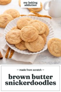 Brown butter snickerdoodles arranged on a white plate. Text overlay includes recipe name.