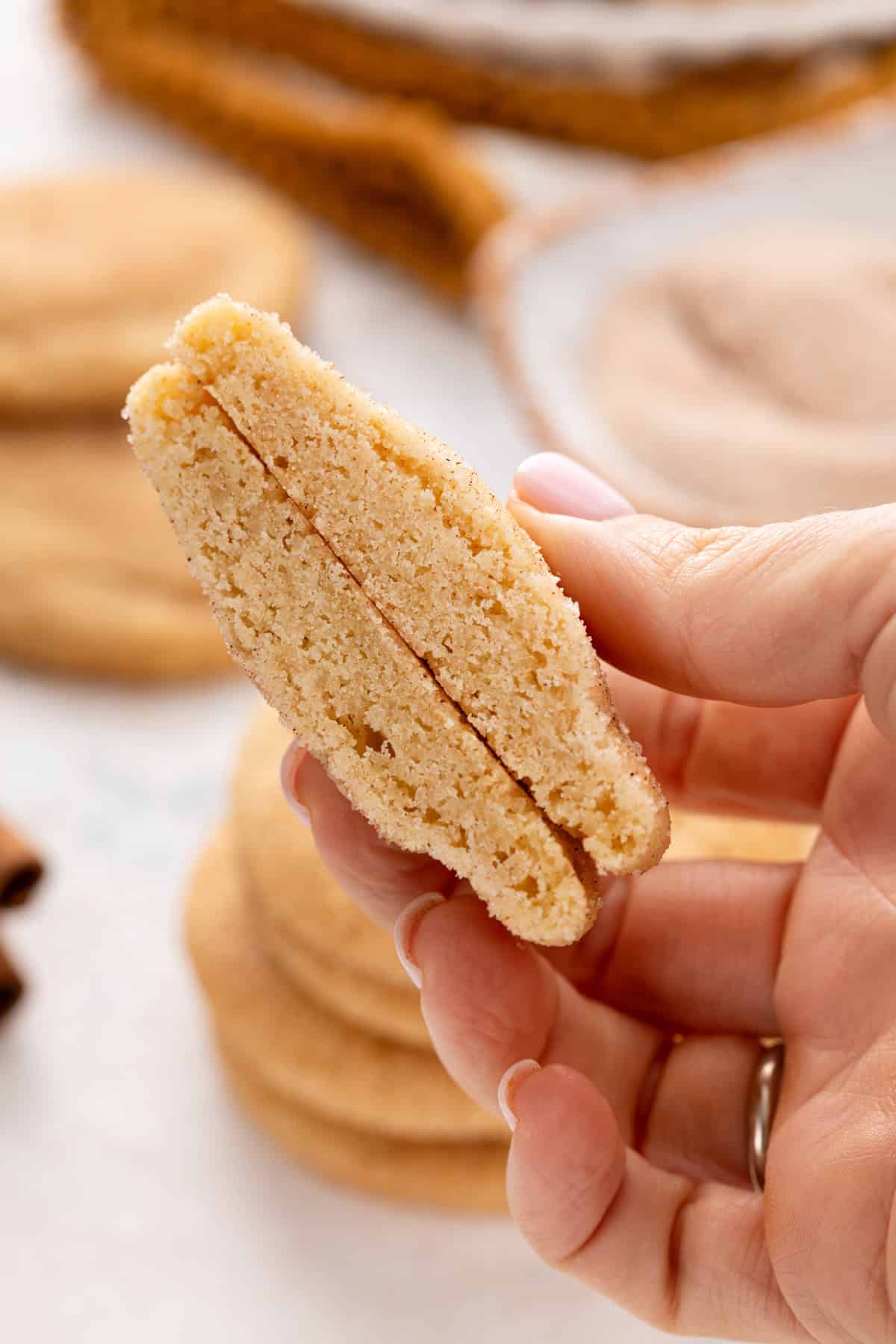 Hand holding a halved brown butter snickerdoodle cookie.