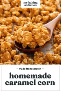 Wooden spoon scooping homemade caramel corn off of a baking sheet. Text overlay includes recipe name.