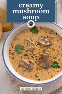 Close up of creamy mushroom soup in a white bowl. Text overlay includes recipe name.