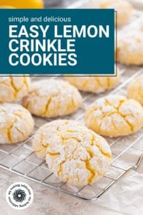 Lemon crinkle cookies arranged on a wire rack. Text overlay includes recipe name.