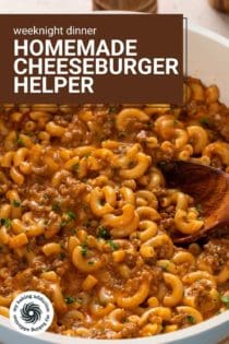 Skillet filled with homemade cheeseburger helper. Text overlay includes recipe name.