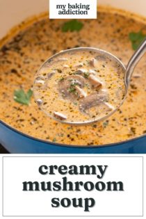 Ladle filled with creamy mushroom soup. Text overlay includes recipe name.