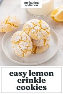 Three lemon crinkle cookies stacked on a white plate, with a fourth cookie leaning against the stack. Text overlay includes recipe name.