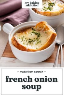 French onion soup topped with cheese toast in a white bowl. Text overlay includes recipe name.