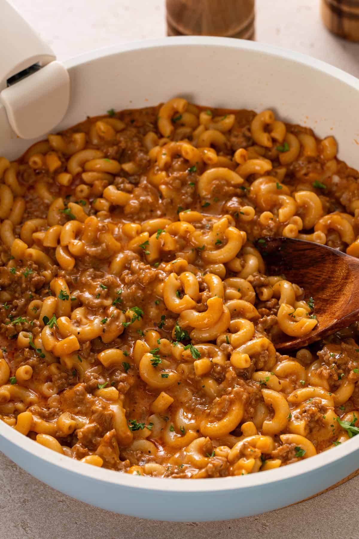 Skillet filled with homemade cheeseburger helper.