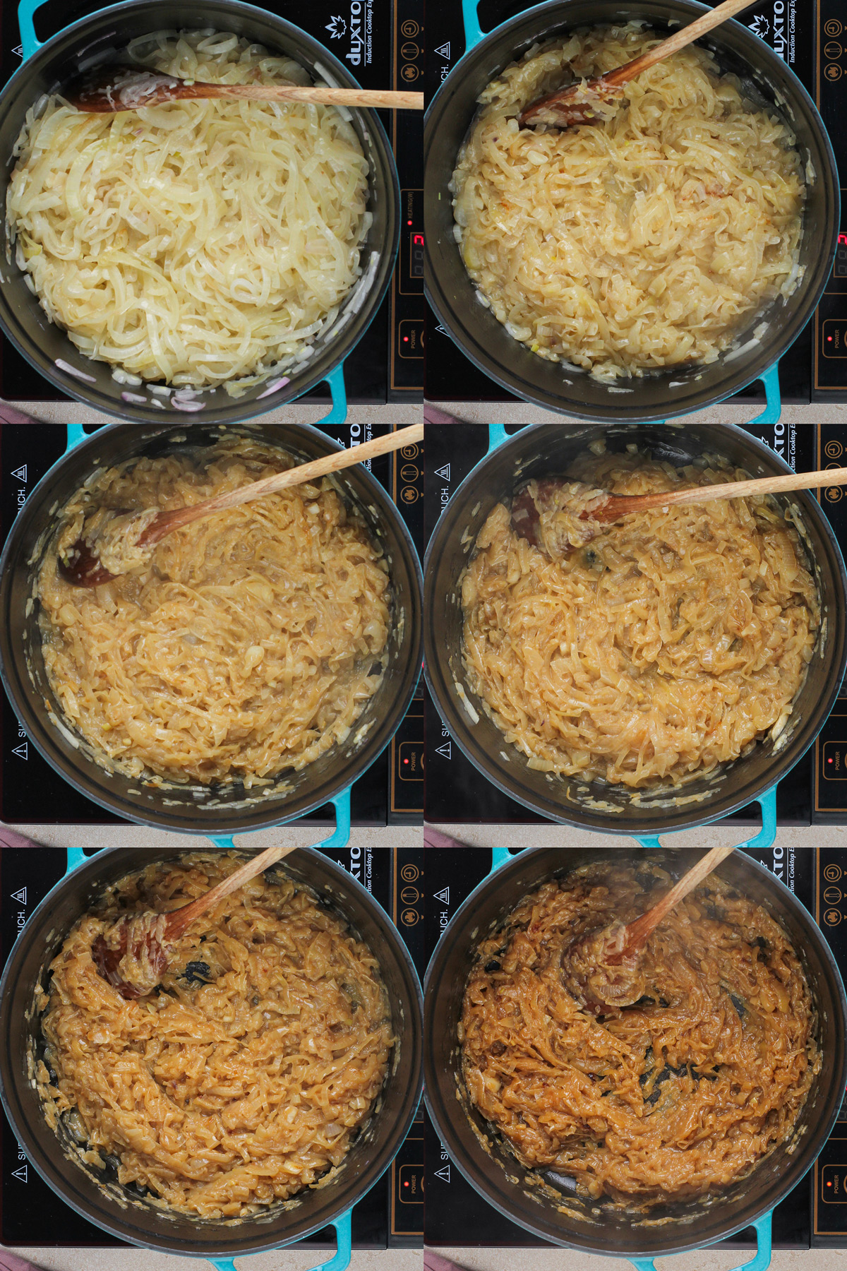 Collage image showing 6 stages of caramelizing onions in a dutch oven.