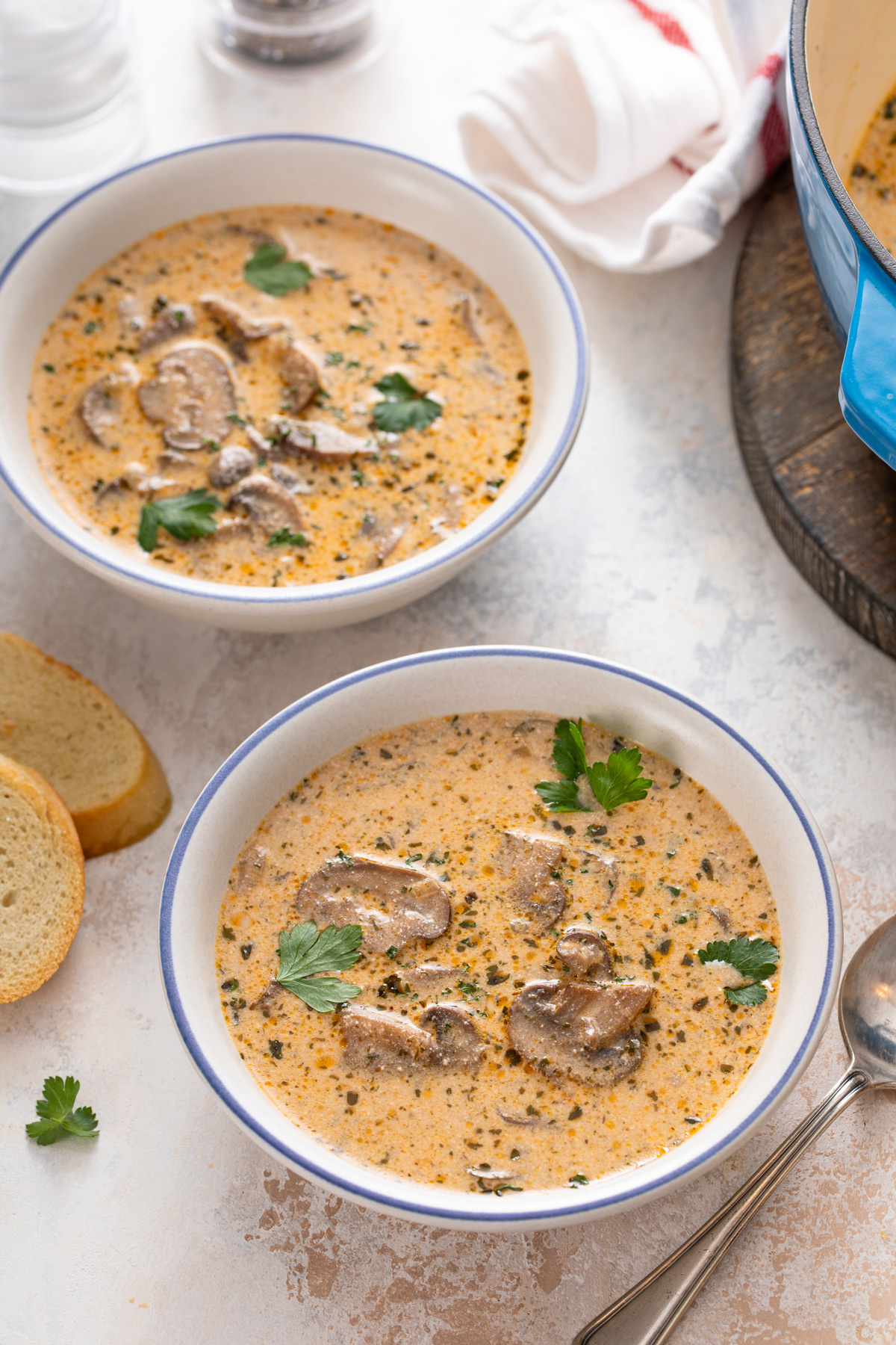 Two white bowls on a countertop, filled with mushroom soup.