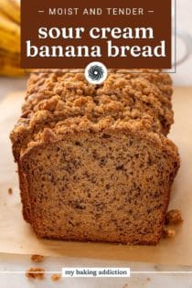 Cross-section view of a sliced loaf of sour cream banana bread. Text overlay includes recipe name.