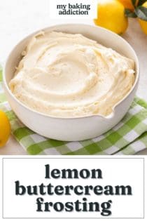 Lemon buttercream in a white bowl set on a green and white napkin. Text overlay includes recipe name.