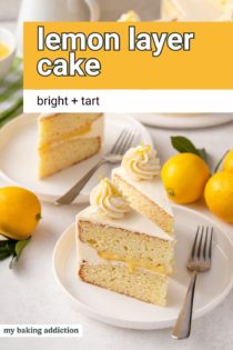 Two white plates, each holding slices of lemon layer cake and forks. Text overlay includes recipe name.