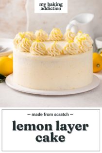 Decorated lemon layer cake on a white cake plate. Text overlay includes recipe name.