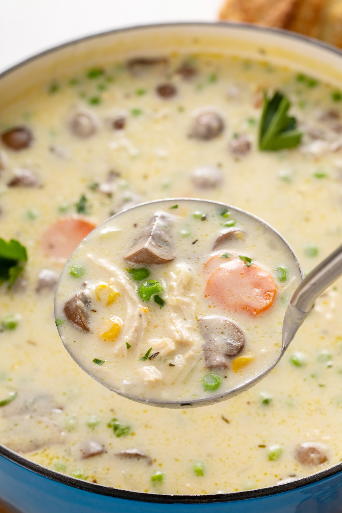 Ladle holding up a scoop of chicken pot pie soup.