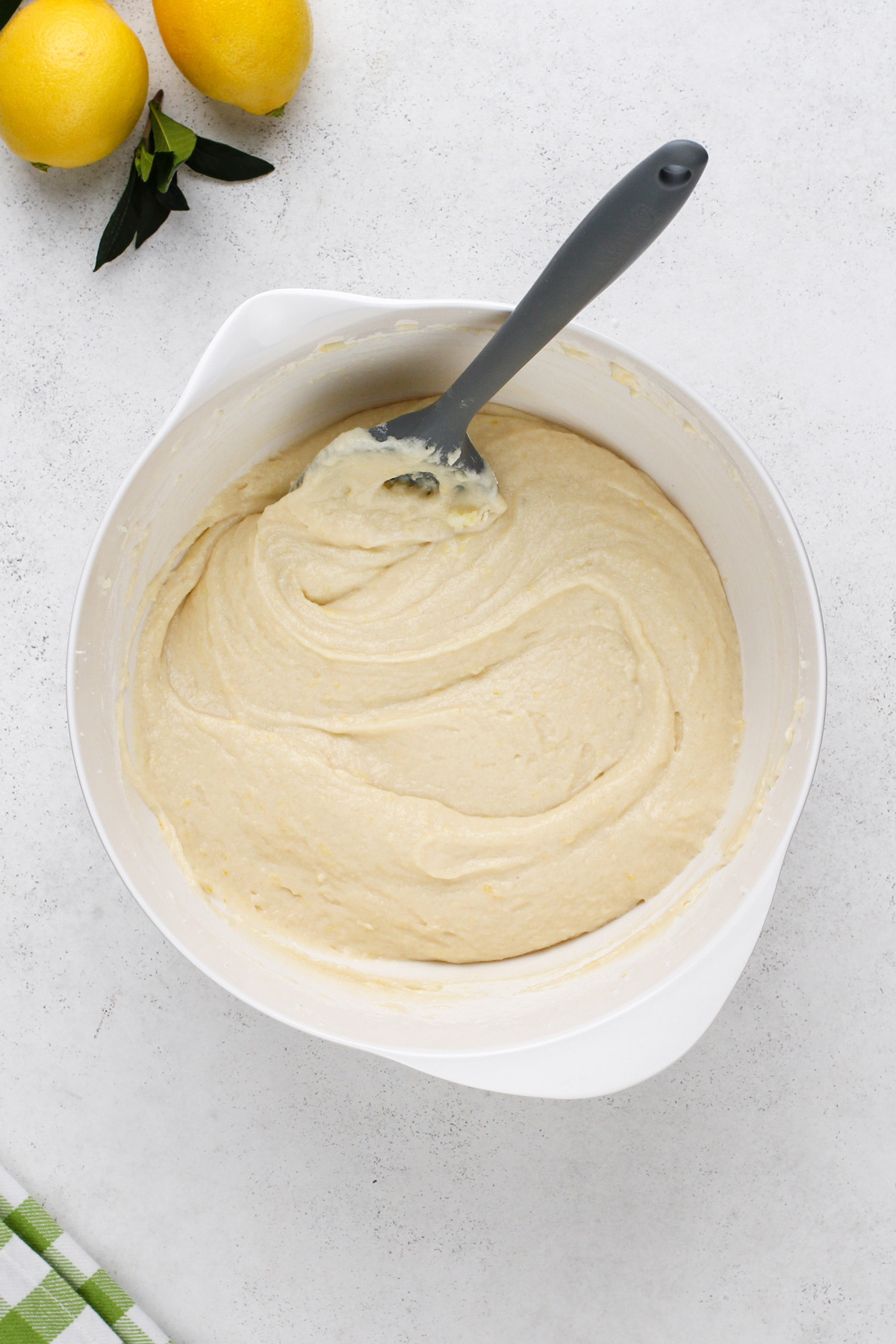 Lemon cake batter base mixed in a white bowl.